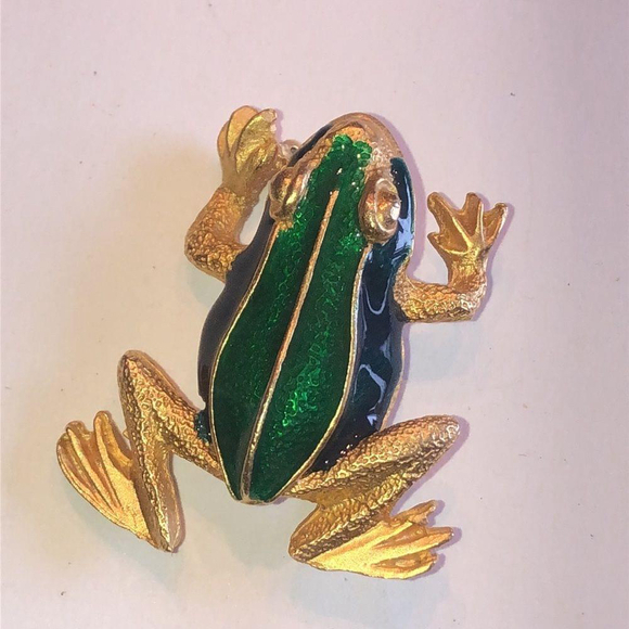 Vintage Jewelry - Vintage Satin Soft Gold Tone Green & Blue Enamel Frog Brooch Shoulder Pin